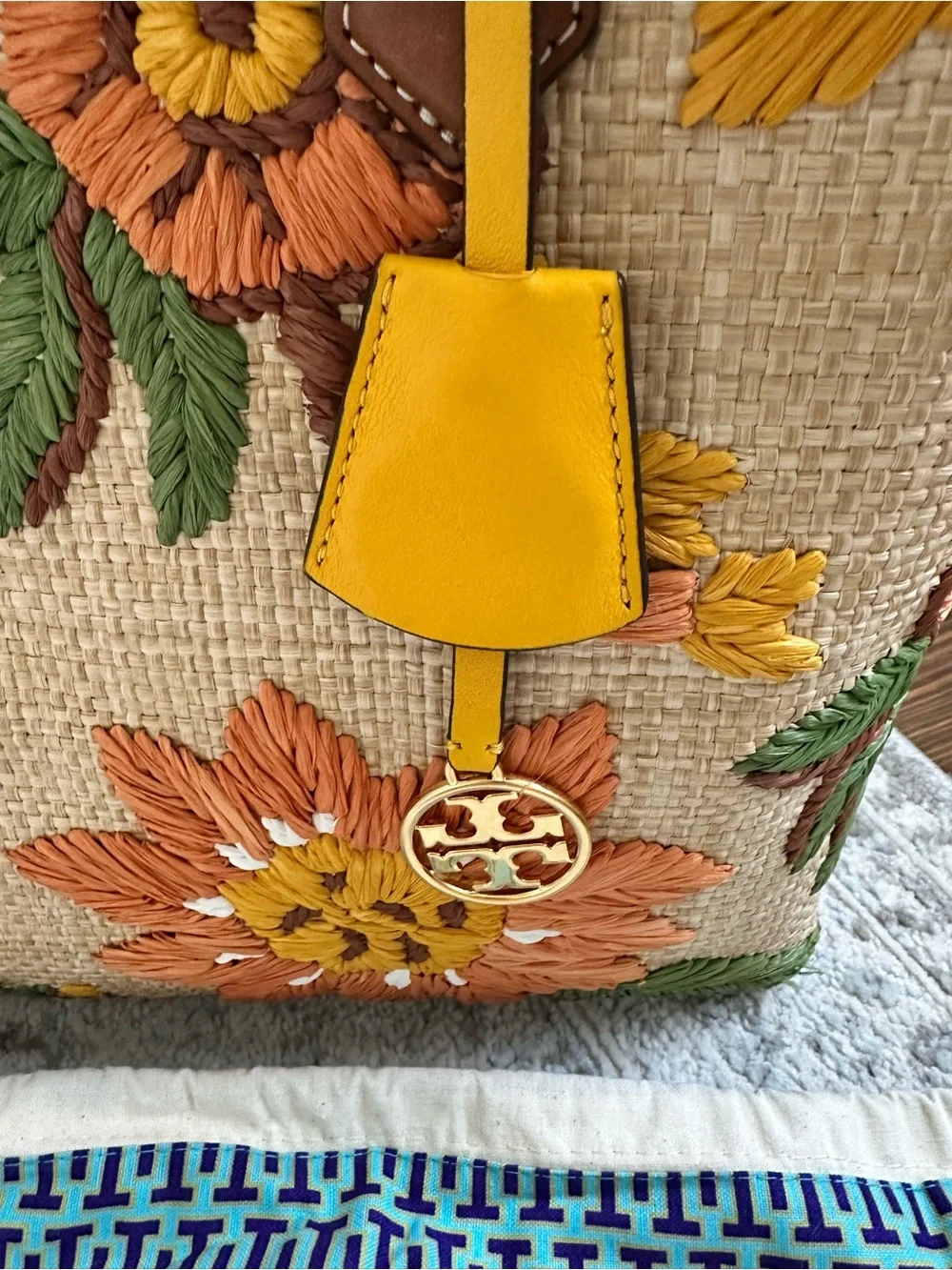 Tory Burch Floral Embroidered Raffia Tote in Brown and Yellow